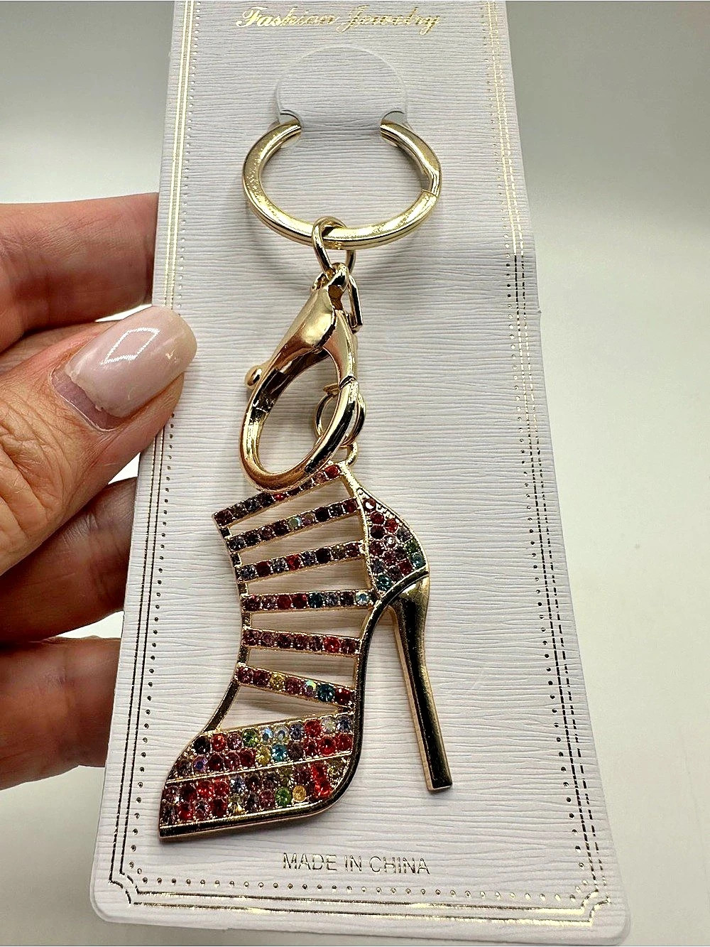 High Heel Shoe Keychain Rhinestone Gold